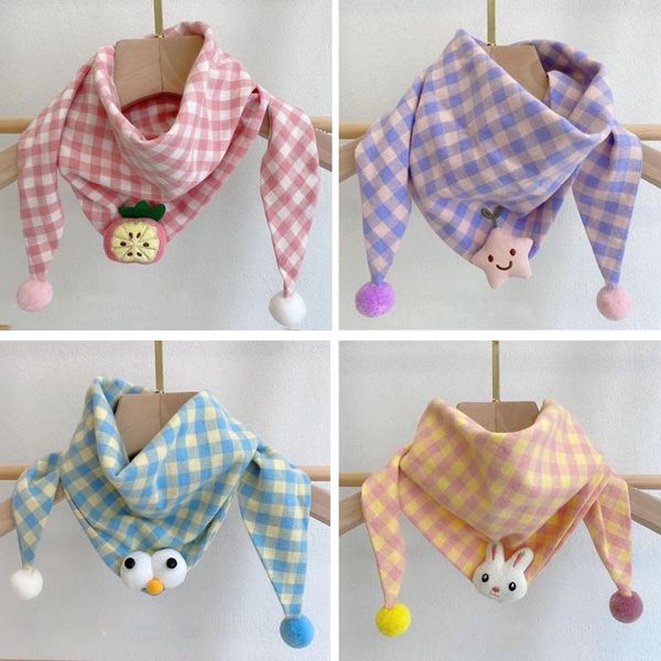 

scarves cotton linen plaid children's scarf multi-match cartoon triangle towel baby saliva cute face kids, Blue;gray