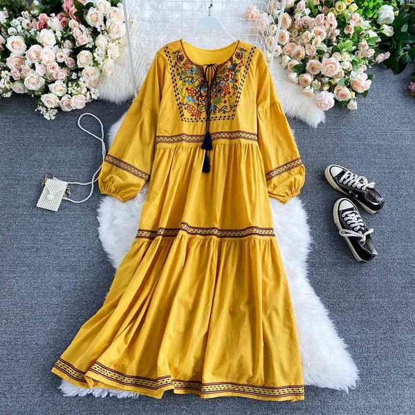 

bohemian flower embroidered long dress women tassel sleeve vestidos female vacation beach robe autumn winter fashion 210426, Black;gray