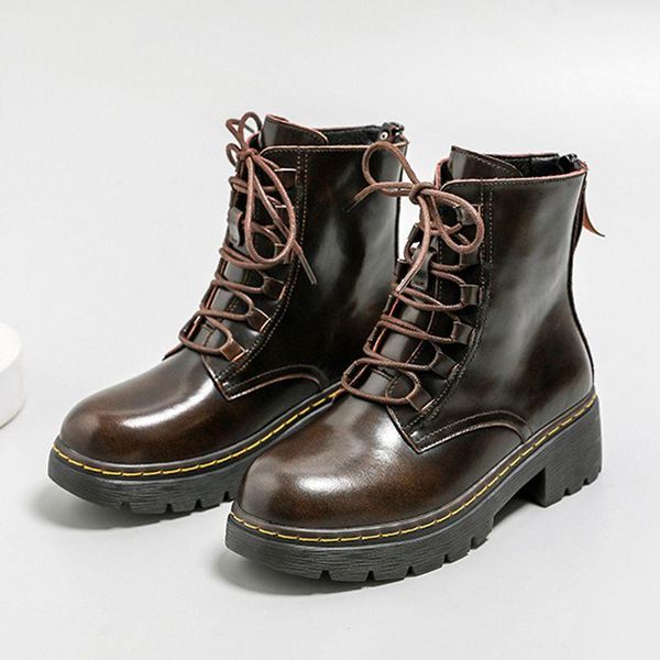 

boots ins trendy round toe square thick heel mid-tube autumn british style fashion increase riding women, Black