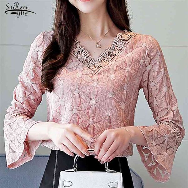 

casual women blouses long sleeve lace shirt v-neck fashion blusa elegant 0909 210421, White