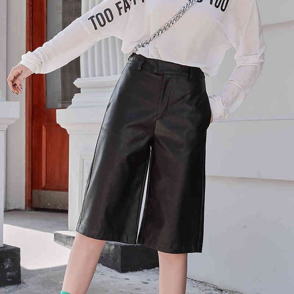 

plus size women shorts pu leather short british style autumn winter casual straight overalls high waist five point trouser 11334, White;black