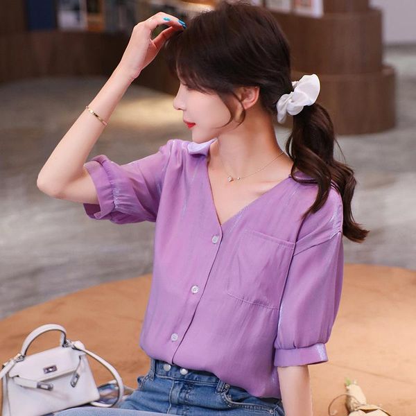 

the summer 2021 fashion leisure v-neck loose shirts with short sleeves jacket female temperament women's t-shirt, White