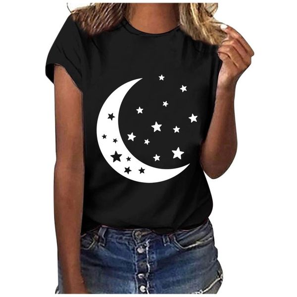 

women's t-shirt harajuku t-shirts for women star and moon print tshirts short sleeves o-neck loose casual tee shirts streetwear, White