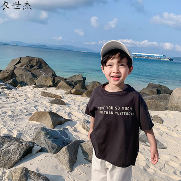 

boys short-sleeved t-shirt 2022 summer new round neck wicking cotton alphabet childrens bottoming shirt, Blue