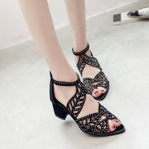 

sandals summer coarse roman women's rhinestone hollow fish mouth shoes rear zip middle heel high plus size, Black