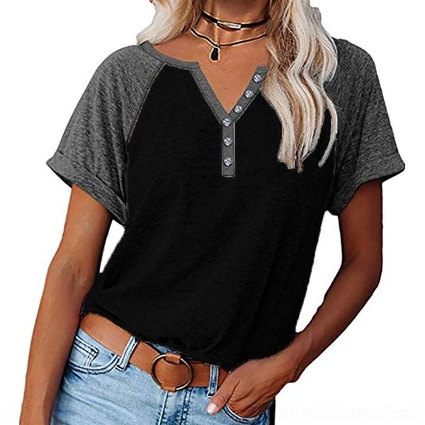 

bnek spring summer 2021women's t-shirt women's v-neck button loose color matching short pulloverpulloversleeve t-shirt, White