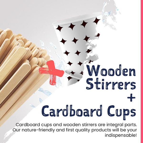 

disposable cups & straws 100 pcs 180ml 7 self cardboard cup coffee tea white drink cold paper 10cm bamboo wooden stirres
