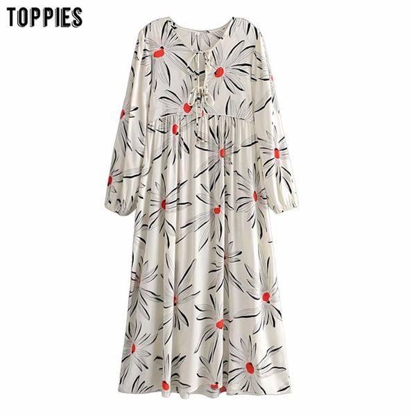 Moda Bohemian Longa Vestidos Mulher Floral Impressão Vestido Solto Lace Up Bluses 210421