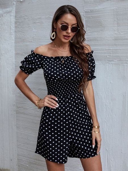

polka dot shirred bardot romper j85l#, White