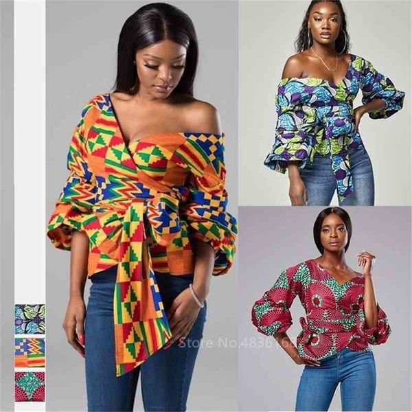 Moda V-Neck Roupas Africanas Notícias Senhoras Sexy Dashiki Impressão Top Oblique Lace Up Bow Nó Strapless Camisas Vestido Para As Mulheres 210408