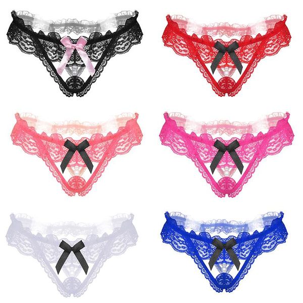 

women's panties plus size crotchless with pearl lace bow underwear g-string erotic women lingerie thongs briefs seamless tanga, Black;pink