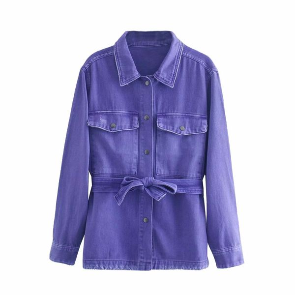 

women fashion chic bow sashes purple denim jacket female turn-down collar pockets buttons coat girls casual streetwear, Black;brown