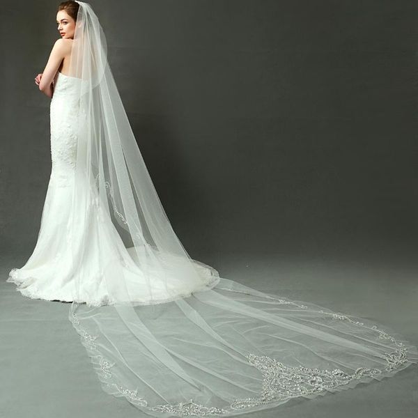 

bridal veils single layer veil beads edge cathedral wedding luxury long veu de noiva longo, Black