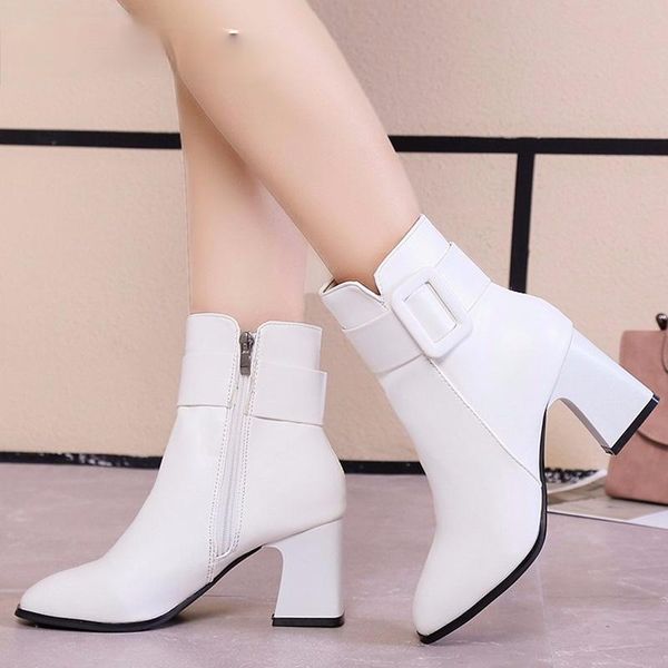 

boots white black thick high heel ankle women 2021 pointed toe keep warm elegant short booties ladies buckle decoration