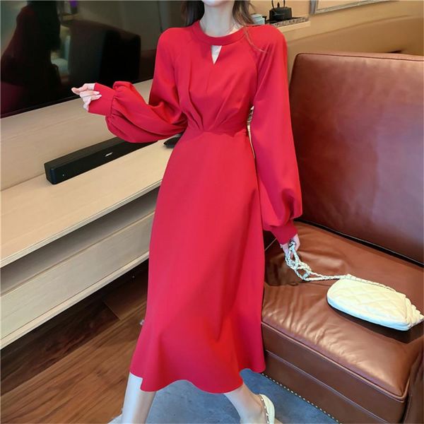 

casual dresses 2021 elegant woman dress french spring autumn vintage long for women red black femme robe fashion vestidos, Black;gray