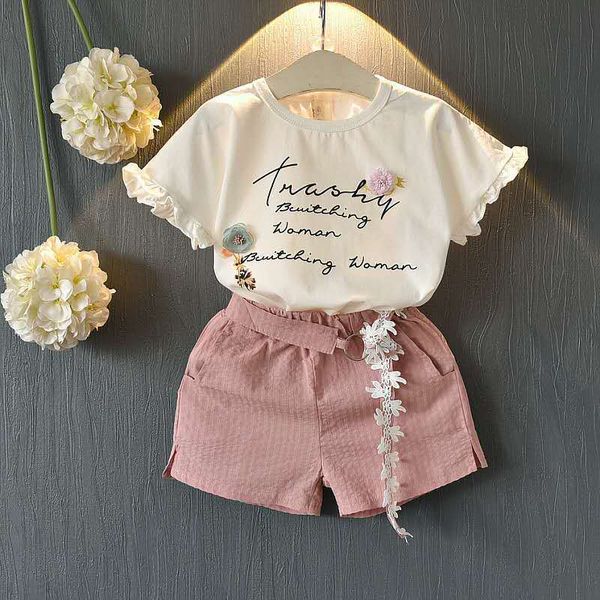 2021 Sommer Neue Kinderkleidung Zwei-teiliger kurzärmeliger Blütenbrief T-Shirt + Shorts zweiteiliger Mädchen Casual Anzug GC191