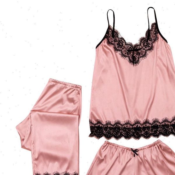 

pajamas 3 pieces sets women sleepwear satin pijama silk home wear suit sleep lounge pyjama with chest pads, Black;red