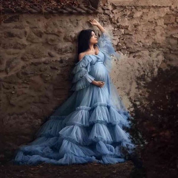 

women's swimwear elegant blue tulle maternity dress for po shoot off the shoulder fluffy pography women baby shower gowns 2iej, White;black