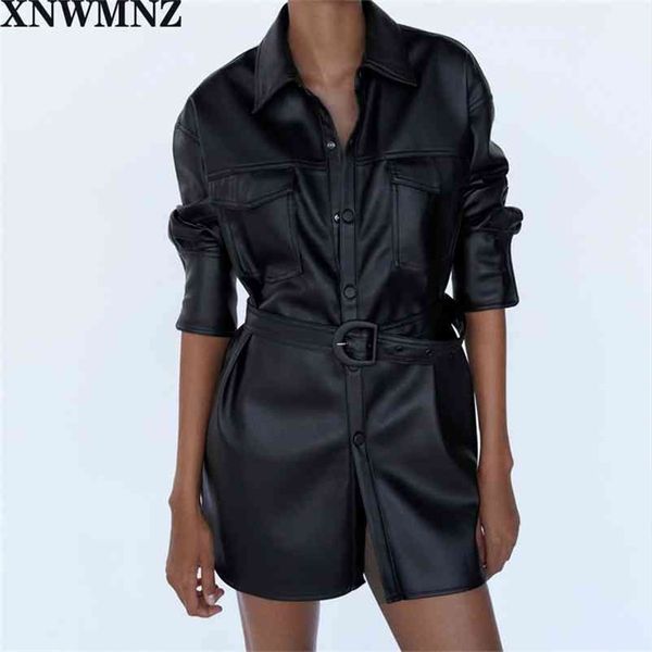 

xnwmnz za women black elegant classic faux leather jacket coat with belt ladies long sleeve loose oversize boy friend retro coat 210513, Black;brown
