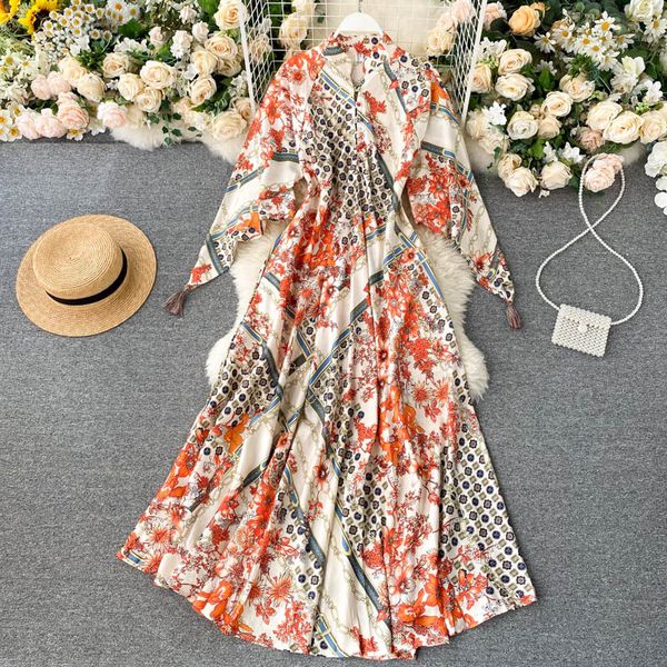 

retro print dress women fashion asymmetry long sleeve stand collar dress autumn korean streetwear a-line maxi dresses 210419, Black;gray