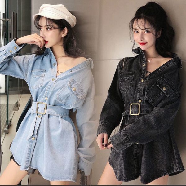 

women's jackets 2-color long woman denim jacket with belt autumn streetwear lapel k4zn, Black;brown