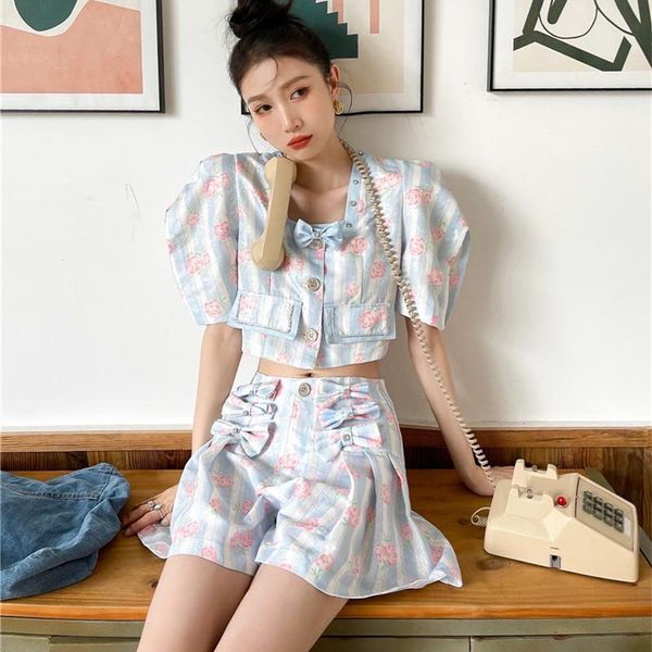 

women's tracksuits female fashion rose print pleated skirt suit 2piece summer sweet cute square collar short women outfits ladies, Gray