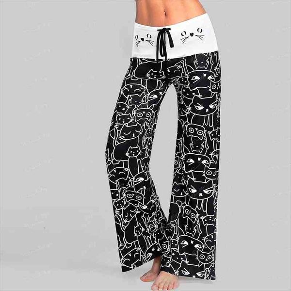 

30h casual fashion cat womens leggings prints drawstring pants loose oversized leggins wide leg, Black