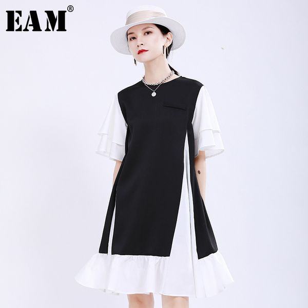 

[eam] women black contrast color split joint dress round neck short sleeve loose fit fashion spring summer 1u495 21512, Black;gray