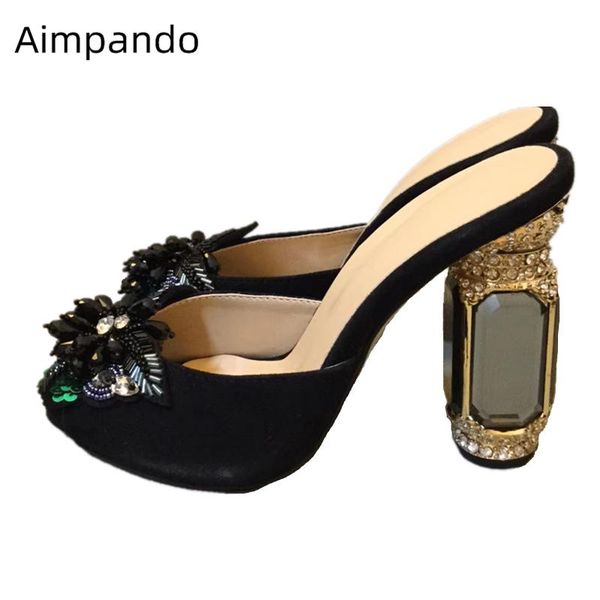 

slippers black suede crystal flower high heel shoes woman jeweled rhinestone bling sequined cloth diamond women