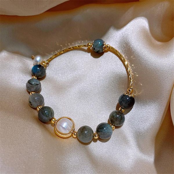 

link, chain 14 gold plated bracelets for women natural baroque pearl moonstone bangles girls luxury fashion jewelry gift pulseras, Black