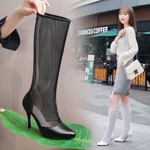 

hollow out women high boots air mesh back zipper pointed toe knee-high female 2021 women's summer shoes, Black
