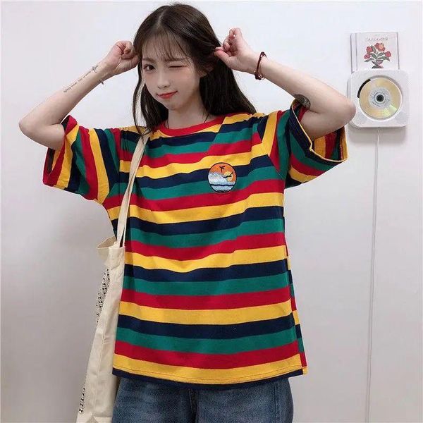 

men's t-shirts women students sweet round neck mujer de moda kpop loose all-match striped ladies casual simple ulzzang summer hipster, White;black