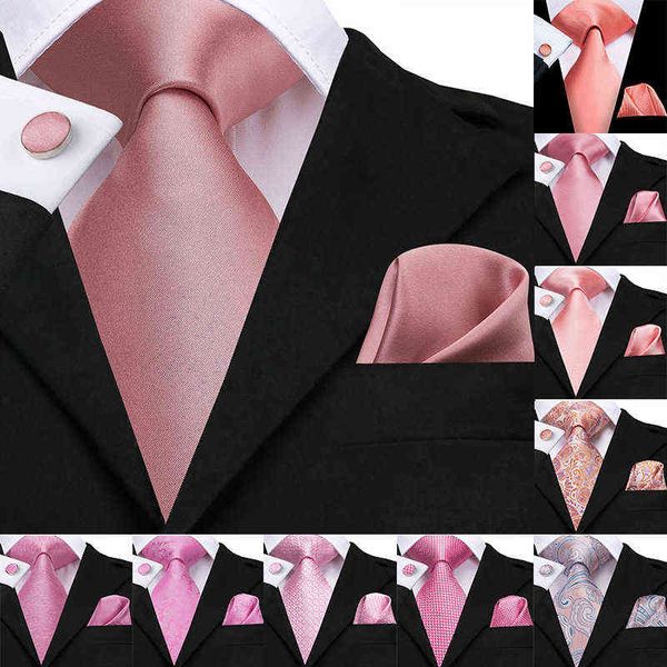 Oi-Gravata 100% de seda clássico dos homens coral rosa cor-de-rosa de pêssego vermelho bolso quadrado abotoaduras set Rose laços para homens sólidos paisley ties y1229