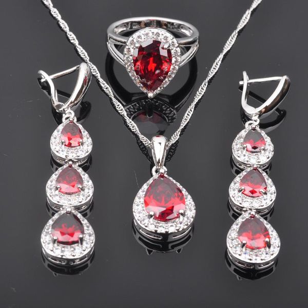 

earrings & necklace perfect red cubic zircon for women silver color jewelry sets pendant rings js0455