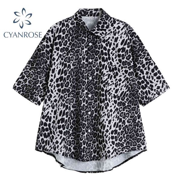 Estate Streetwear Bottoni Camicetta con stampa leopardata Moda donna Stile coreano Camicia con colletto rovesciato Ins Casual OL Top manica corta 210417