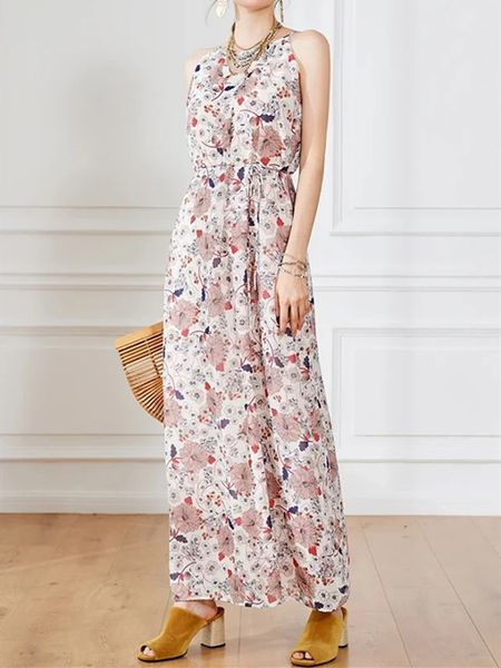 

dress women's maxi sling dress floral printing sleeveless lace-up high waist prairie chic female summer long dresses, Black;gray
