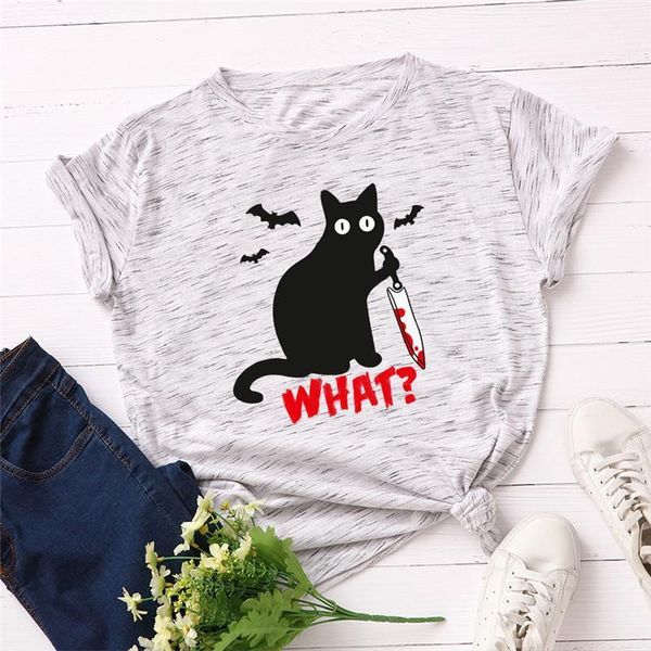 

plus size s 5xl black womens cat print 100%cotton o neck short sleeve tees summer, White