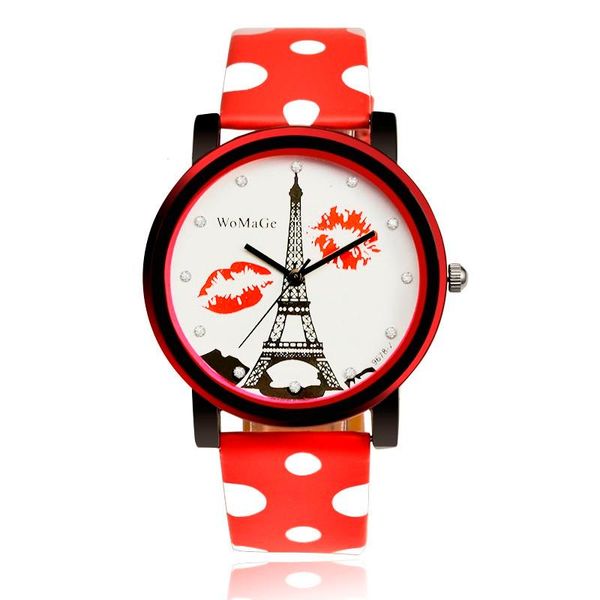

wristwatches womage eiffel tower creative watch polka dot leather ladies watches round women clock women's personalized oem, Slivery;brown