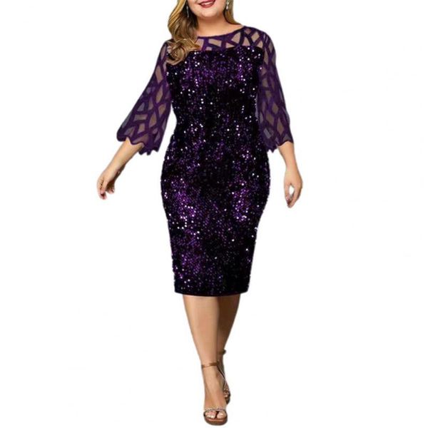 

casual dresses oversize women dress elegant solid color bodycon sequin mesh stitching hollow flare sleeve o-neck wedding party banquet, Black;gray