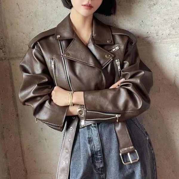 

women's leather & faux short oversized jacket women drop shoulder long sleeve zipper light jackets for early autumn, Black