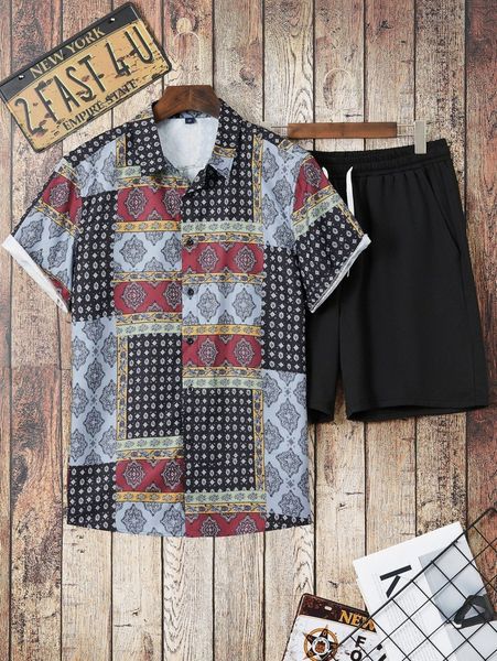 

men patchwork print shirt & drawstring waist shorts g27i#, Gray