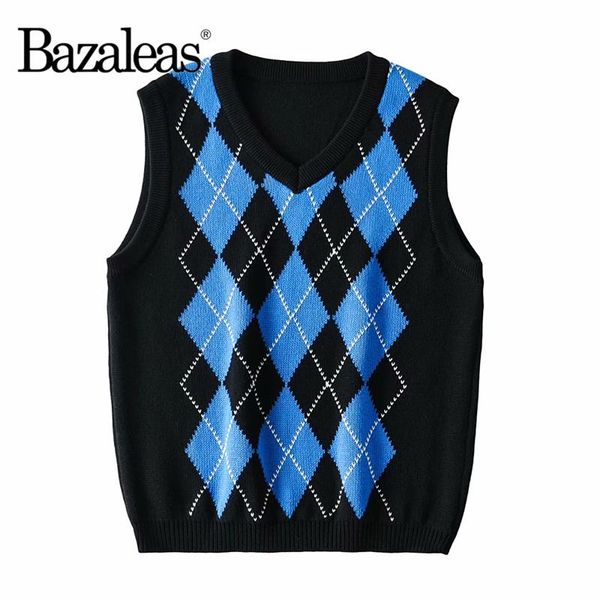 

women's sweaters bazaleas vintage sleeveless patchwork pull femme plaid v neck women knitted tartan blue tank sweater, White;black