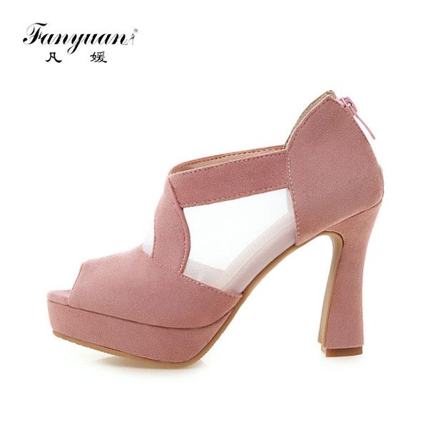 

fanyuan fashion zipper flock cover heel sandals casual ankle-wrap high heels women shoes summer platform dress, Black