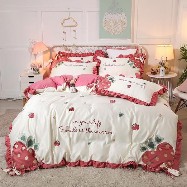 

bedding sets white pink soft satin silk cotton strawberry embroidery girl duvet double set bed pillowcases sheet bowknot cover