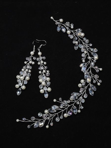 

headpieces trendy wedding women headdress earrings set crystal pearls headband silver hair vine banquet prom bridal accessories