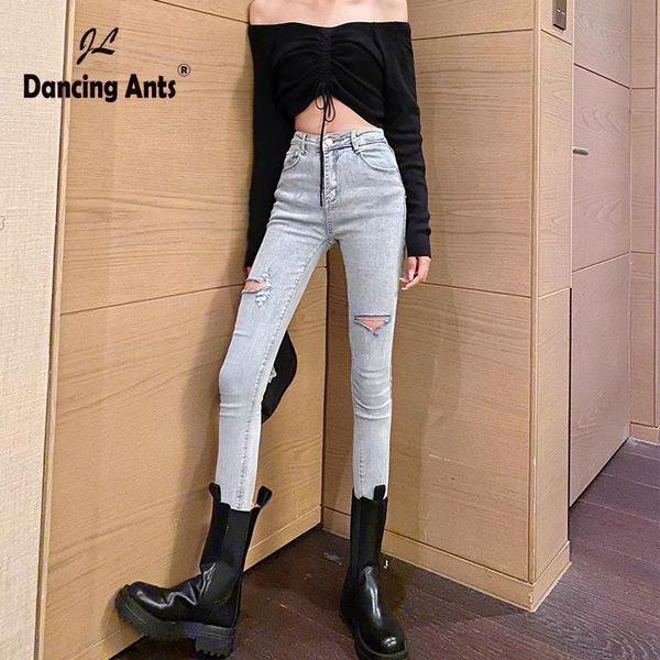 

women's jeans woman hole ripped women denim trousers pencil skinny ankle-length female elastic pants, Blue