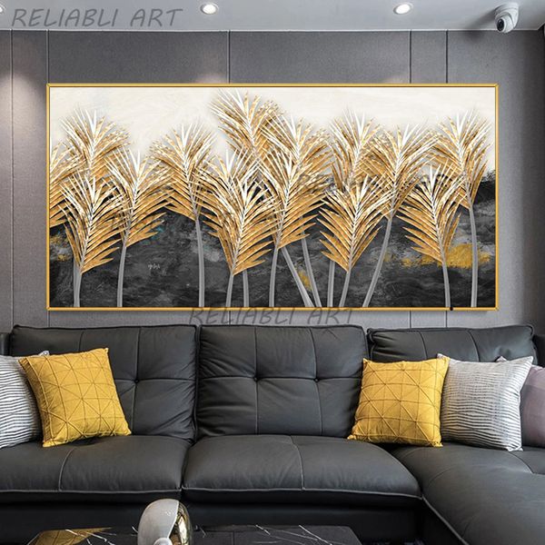 Preto folha dourada pintura abstrata posters fotos impressões de parede arte de parede para sala de estar moderna casa decoração árvore cuadros