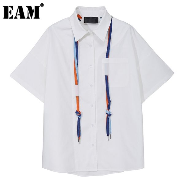 

[eam] women white big size pocket asymmetrical blouse lapel short sleeve loose fit shirt fashion spring summer 1dd7003 21512