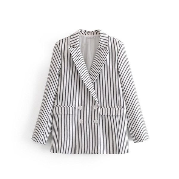 

women's suits & blazers fashion women 2021 vintage notched loose spring summer turn-down collar striped blazer coat female casual outer, White;black
