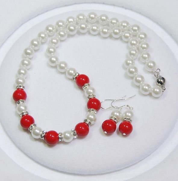 

bracelet, earrings & necklace 8mm white shell pearl /10mm red coral round beads, Black